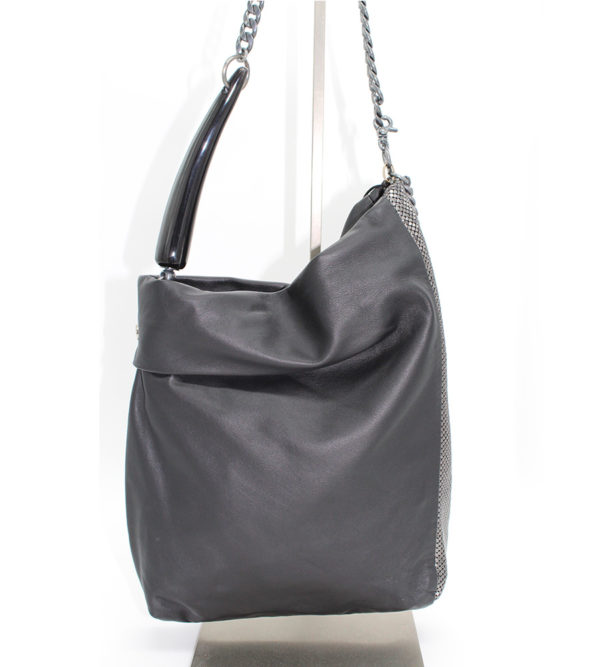 Steff Leather Pleated Bag Black-Gunmetal